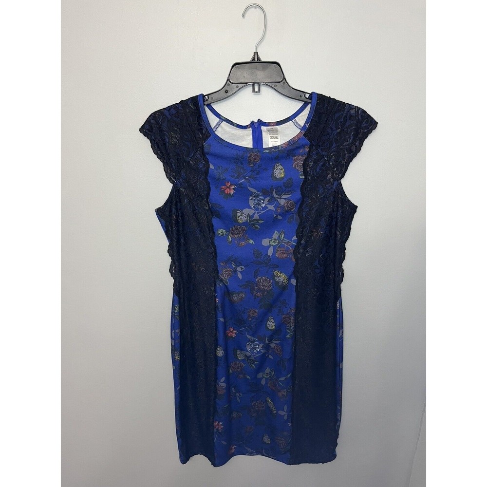 Avon Womens Blue Black Lace Sleeveless Dress Formal Large Floral Butterfly NWOT